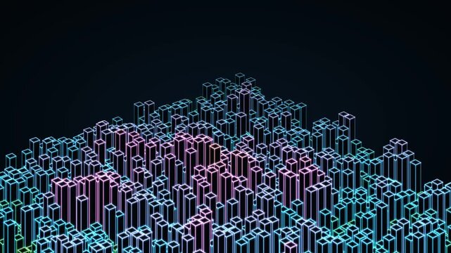 Glowing neon wireframe 3d bar chart data visualization, futuristic landscape with pink and cyan outline columns