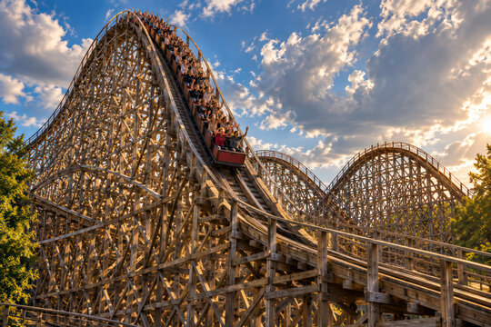 Wooden Roller Coaster Train Descending Steep Drop at Amusement Park
