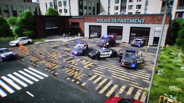 Police Department Building in City with Patrol Cars Ready for Dispatch. Realistic 4k animation