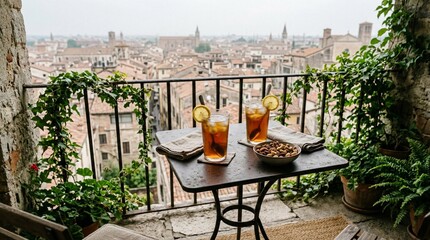 Obraz premium Romantic stone balcony bistro table overlooking historic European city rooftops with two iced tea glasses, lemon slices, almonds, and lush greenery in foreground