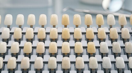 Obraz premium Dental shade guide rack with porcelain tooth samples on metal tabs in rows