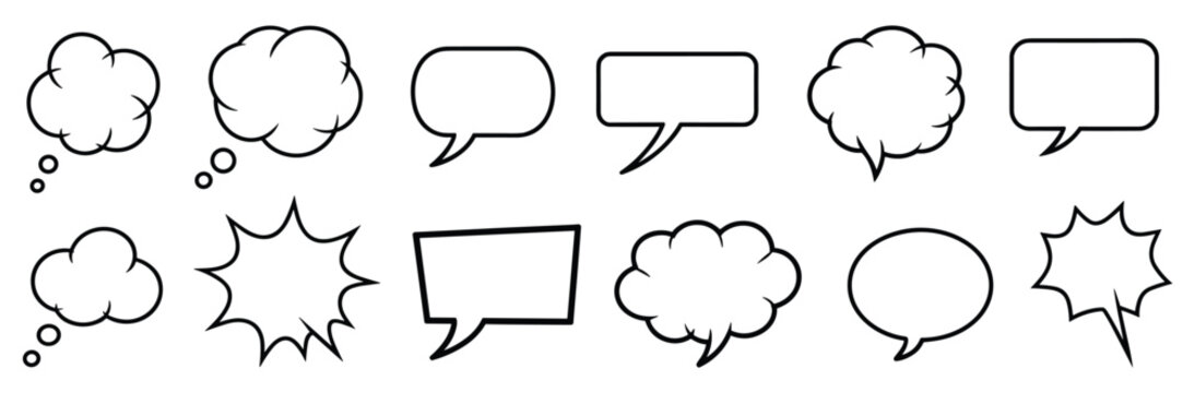 Speech Bubble Collection. A versatile collection of hand-drawn speech bubbles and thought clouds in various shapes and sizes, perfect for adding dialogue, ideas, or annotations to any graphic design.