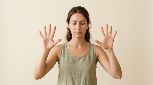 Young woman standing against plain cream backdrop holding up both hands showing all ten fingers, casual summer outfit, neutral expression, minimalist studio portrait, counting gesture concept