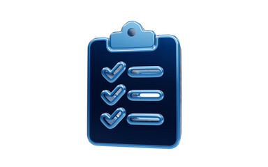 Fototapeta premium Blue Checklist Icon: A clean, modern 3D icon representing a checklist with three items, each marked with a tick and a progress bar, signifying completion and tasks.