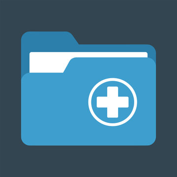 Medical Folder Icon. A clear, clean, and simple graphic representation of a blue folder with a white cross inside a circle, symbolizing health or medical information.