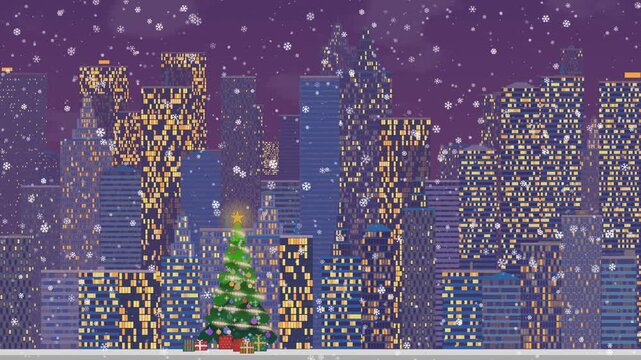 Urban skyline with a festive Christmas tree, stylized pixel art animation depicts falling snow and winter holiday
