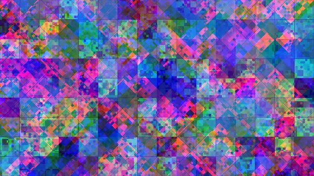 vibrant abstract neon pattern, complex mosaic of colorful pixels, pulsating and shifting colors, modern digital background and seamless animation