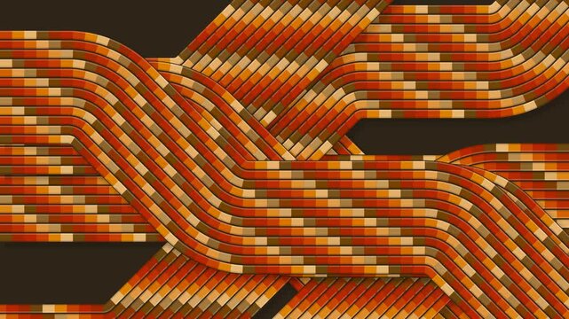 Abstract interwoven network of warm colored segmented bands moving in a continuous loop, vibrant seventies style interlocking pathways