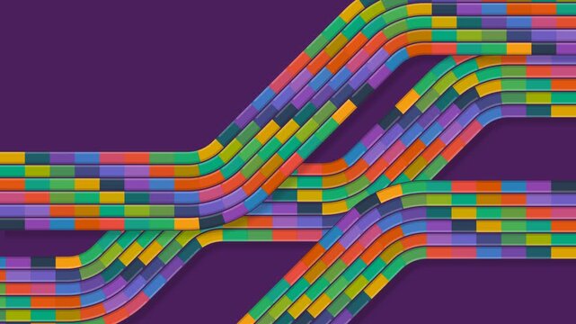Abstract interwoven network of colorful segmented bands moving on a dark purple background
