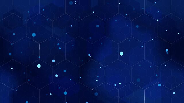 Clean technological background of deep blue hexagonal shapes, grid and patterns, animated backdrop for modern business corporate presentations