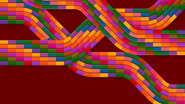 Colorful segmented ribbons sliding and crossing in a continuous geometric network, loopable animation on red background