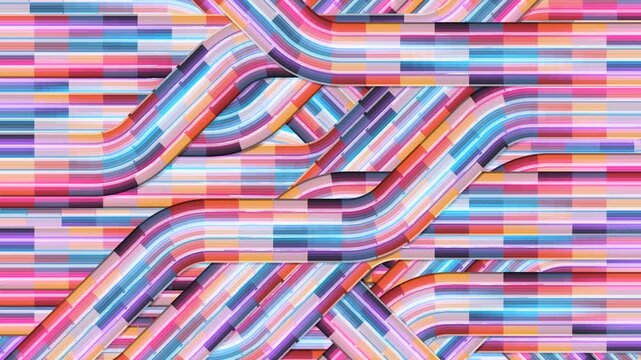 vibrant abstract background of complex interwoven segmented bands, vibrant multi-color palette with neon effects, loopable animation