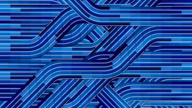 Abstract interwoven network of blue segmented bands moving continuously, high-tech backgrounds and data visualization concepts