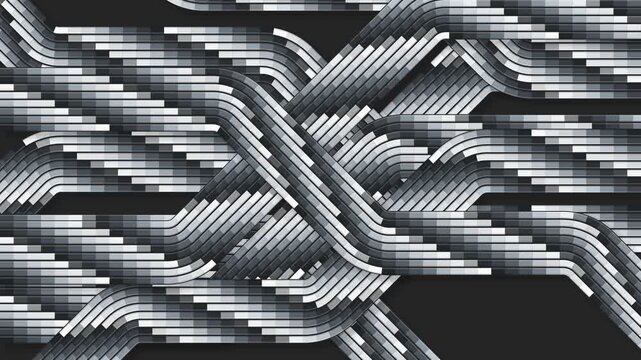 Abstract interwoven network of grayscale segmented bands moving on a dark background, complex monochrome digital pipes weave in a futuristic pattern for seamless technology backgrounds
