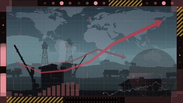 Global military build up concept with rising graphs and weapon silhouettes, tactical display showing global arms race and increasing defense spending