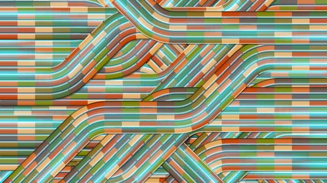 Vibrant abstract pattern of interlocking geometric bands with a checkered segmented texture and a warm retro color palette, loopable background animation