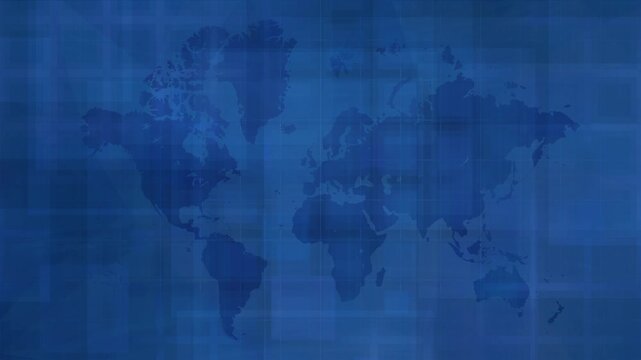 modern abstract blue background displays a translucent world map and subtle slow motion squares and grid, symbolizing global connectivity and digital communication