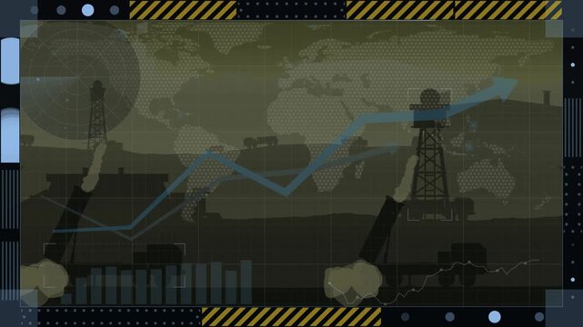 Animated tactical display showing global military build-up, with rising blue trend lines, upward-trending graph over a world map, symbolizing geopolitical escalation