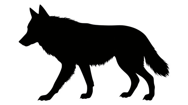 Isolated black silhouette of a powerful wolf walking in profile with text S (168) on black bar