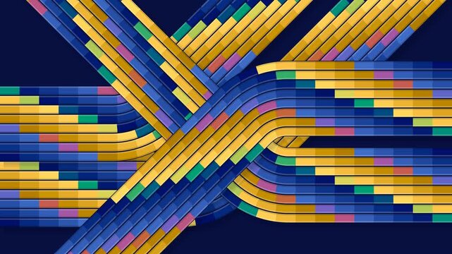 Abstract interwoven network of blue and yellow segmented bands moving on a dark background, segmented ribbons sliding and crossing