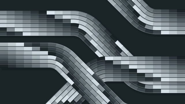 Abstract interwoven network of grayscale segmented bands moving on a dark background, seamless loop for modern technology animations
