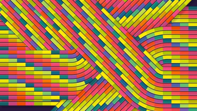 Abstract interwoven network of dense colorful segmented bands moving continuously, modern, energetic looping background animation