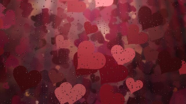 Melancholy concept with red hearts floating and falling behind rainy window, heartbreak, disappointment and loneliness motion background