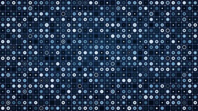 Abstract digital background of rhythmic blue grid and glowing circle particles, ideal for modern technological presentations