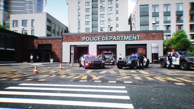 Police Department Building in City with Patrol Cars Ready for Dispatch. Realistic 4k animation