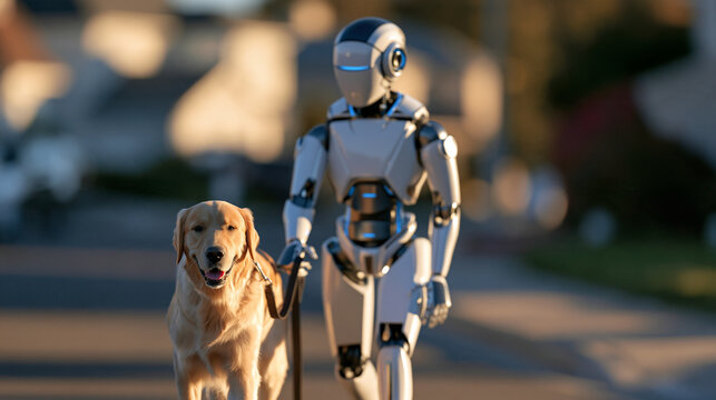 Humanoid robot walking a golden retriever on a leash along a bright residential street, soft natural daylight, clean sidewalks and tidy front gardens softly blurred in background,