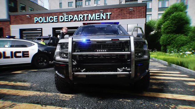 Police Car with Flashing Lights Near Police Department Building. Realistic 4k animation.