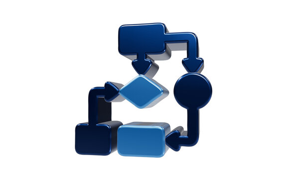 Flowchart Diagram: A 3D rendered flowchart illustration in blue and dark blue, representing a process, workflow, or algorithm with interconnected shapes and arrows.