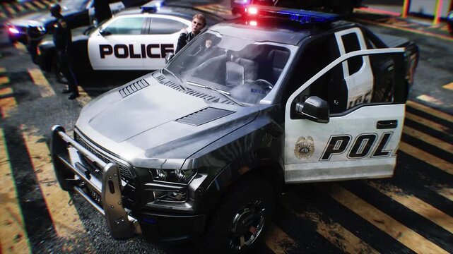 Police Car with Flashing Lights Near Police Department Building. Realistic 4k animation.