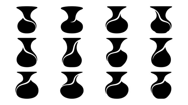 Set of black silhouette vase icons representing different shapes for home decoration and floral arrangements in a minimalist style for graphic design projects and artistic interior displays