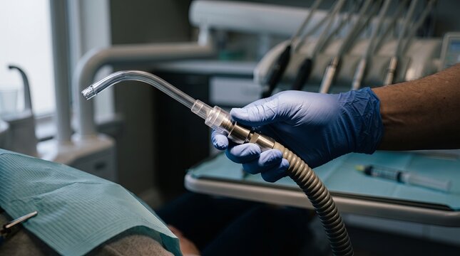 Dental assistant holding saliva ejector suction tip over patient chair in clinic