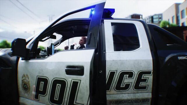 Police Car with Flashing Lights Near Police Department Building. Realistic 4k animation.