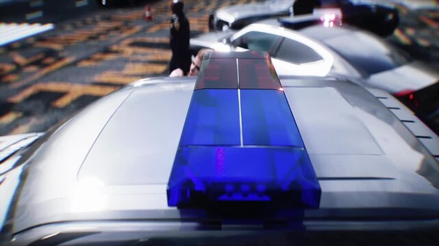 Police Car with Flashing Lights Near Police Department Building. Realistic 4k animation.
