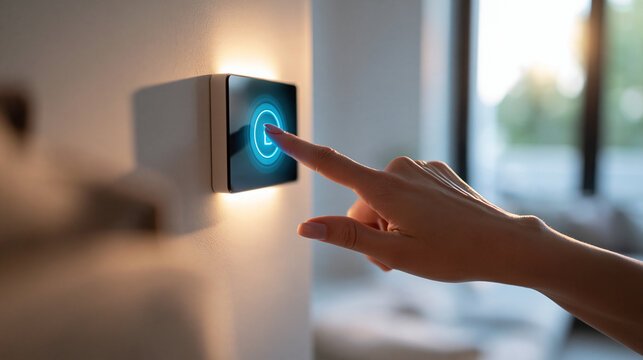 Close-up of a hand adjusting a smart home automation interface on a wall panel dashboard in a bright modern living room, soft natural daylight through large windows, clean