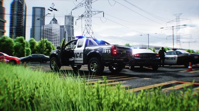 Police Car with Flashing Lights Near Police Department Building. Realistic 4k animation.