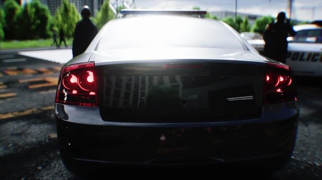 Police Car with Flashing Lights Near Police Department Building. Realistic 4k animation.