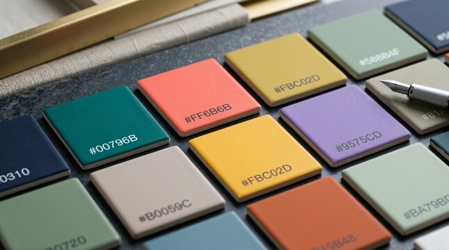 Close-up of colorful square swatches with printed hex codes. Graphic design color palette selection with a silver fountain pen. Web designer workspace and branding identity concept