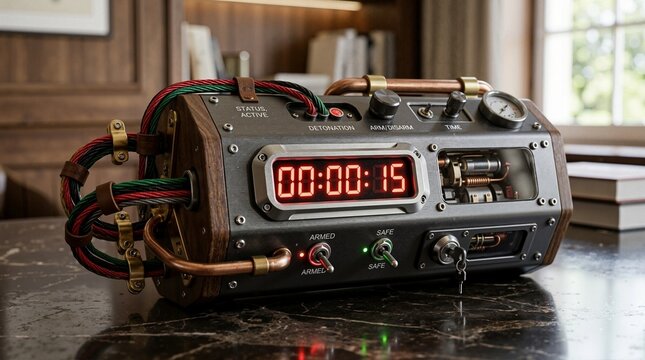 Detailed movie prop time bomb with red digital countdown timer display. Fake homemade explosive device with wires switches and copper pipes on a marble table. Action thriller suspense concept