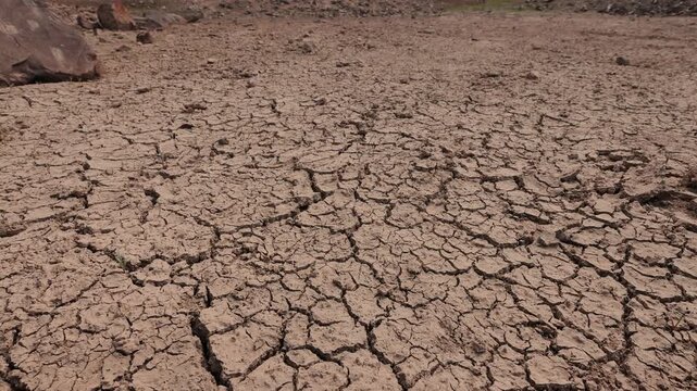 Wide angle shot of deeply cracked, parched wetland soil under harsh sunlight, highlighting severe drought during Europe heat wave. El Nino climate change impact.
