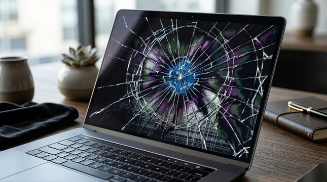Modern silver laptop with a severely cracked and shattered screen on a wooden desk. Broken computer display showing distorted glitchy colors. Electronic hardware damage and repair concept