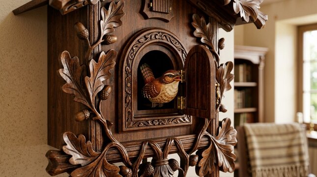 Traditional carved wooden cuckoo clock with bird emerging from open door. Close up of antique mechanical timepiece with oak leaf details