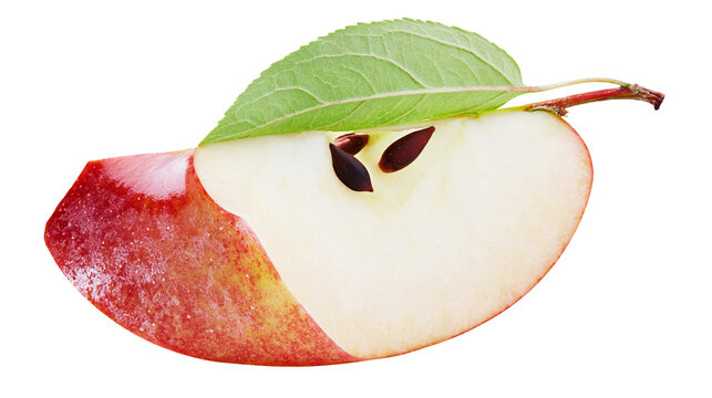 Isolated perfectly cut crisp red apple slice adorned with a fresh green leaf and seeds