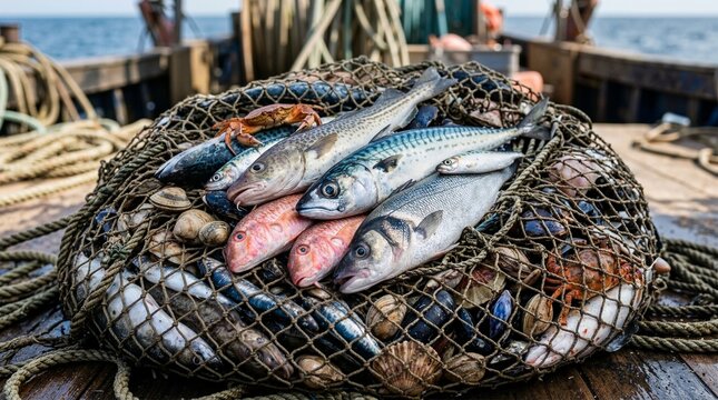Fishing net full of fresh mixed catch on wooden boat deck. Abundant harvest of raw fish crabs and shellfish. Commercial seafood industry concept