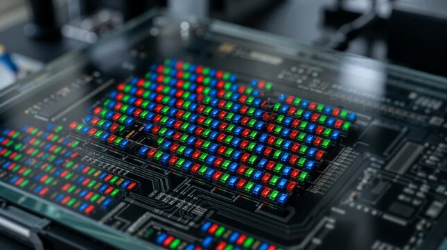 Macro view of liquid crystal display pixel arrangement. Close up of glowing red green and blue RGB subpixels on electronic circuit board. Technology and screen display concept