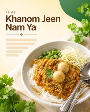 Thai khanom jeen nam ya noodle dish top view on map background