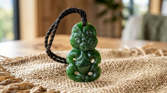 Maori greenstone jade hei tiki pendant necklace. Traditional New Zealand pounamu carving on woven mat. Cultural heritage and jewelry concept